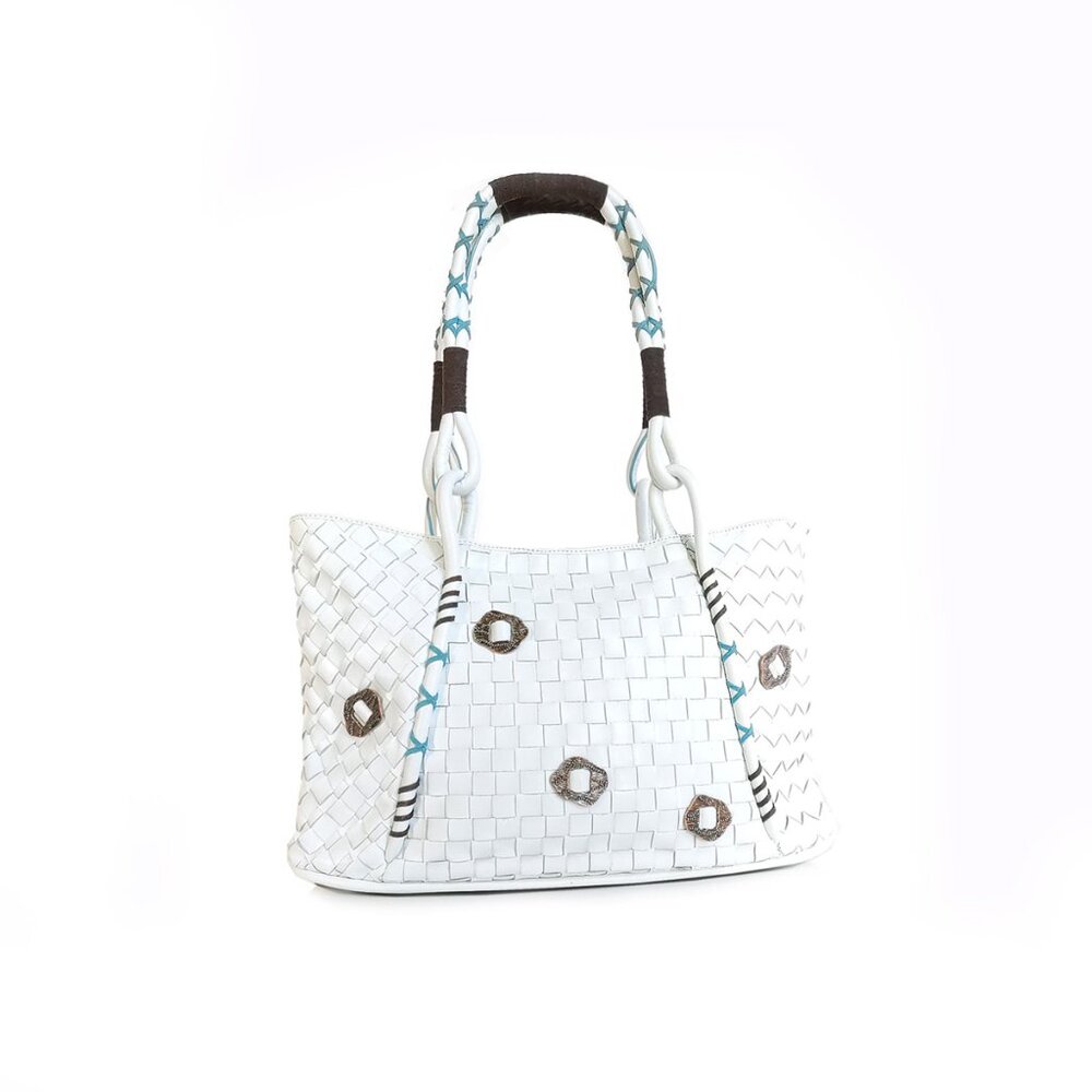 CROMIA Handbag White Woven Leather Shoulder Bag Turquoise & Brown stitch
